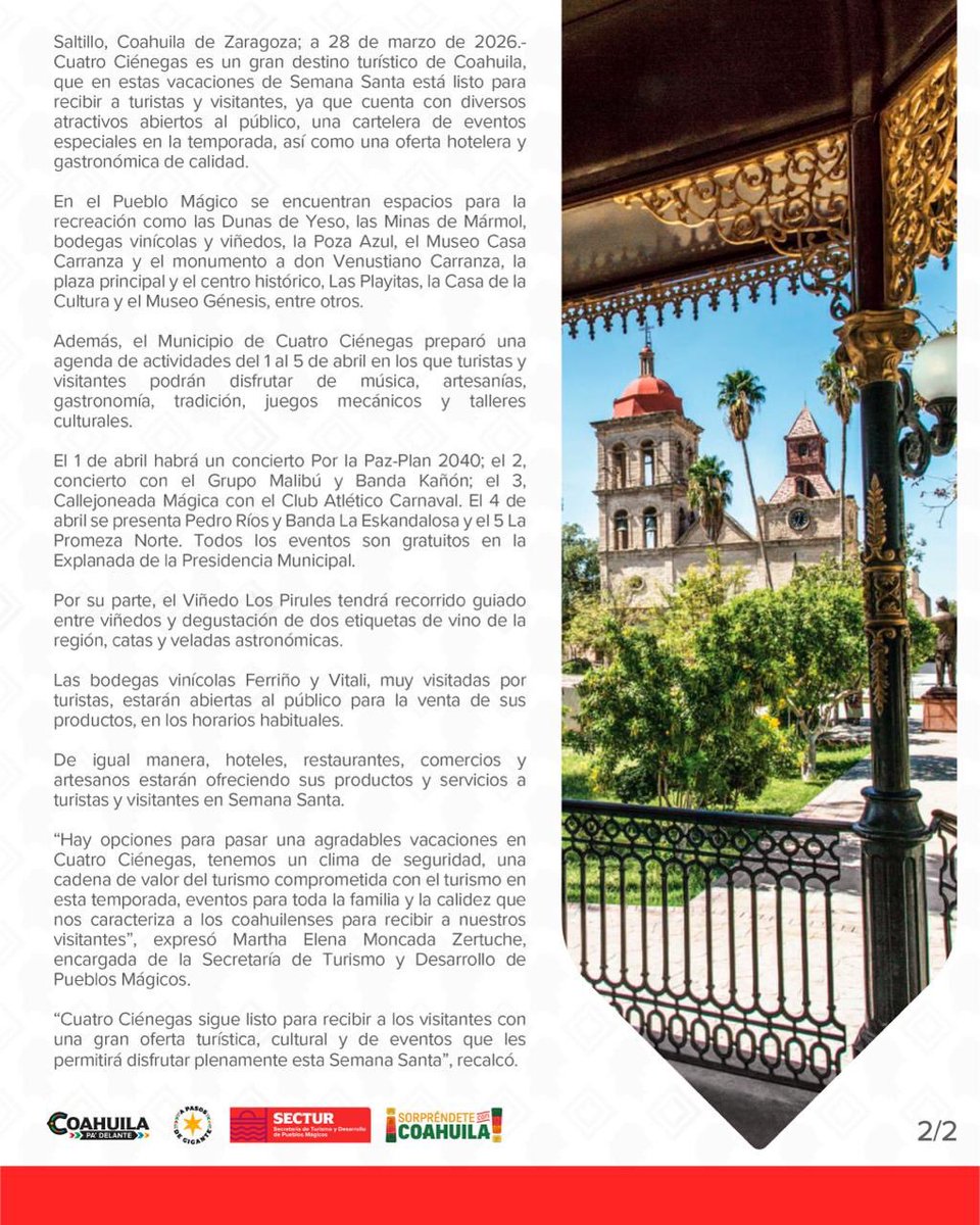 Cuatro Ciénegas es un gran destino turístico que está listo para recibir a visitantes estas vacaciones.

#CoahuilaPaDelante #APasosDeGigante
<a href="/manolojim/">Manolo Jiménez Salinas</a> 
<a href="/SeTurCoah/">Secretaría de Turismo y Pueblos Mágicos Coahuila</a>