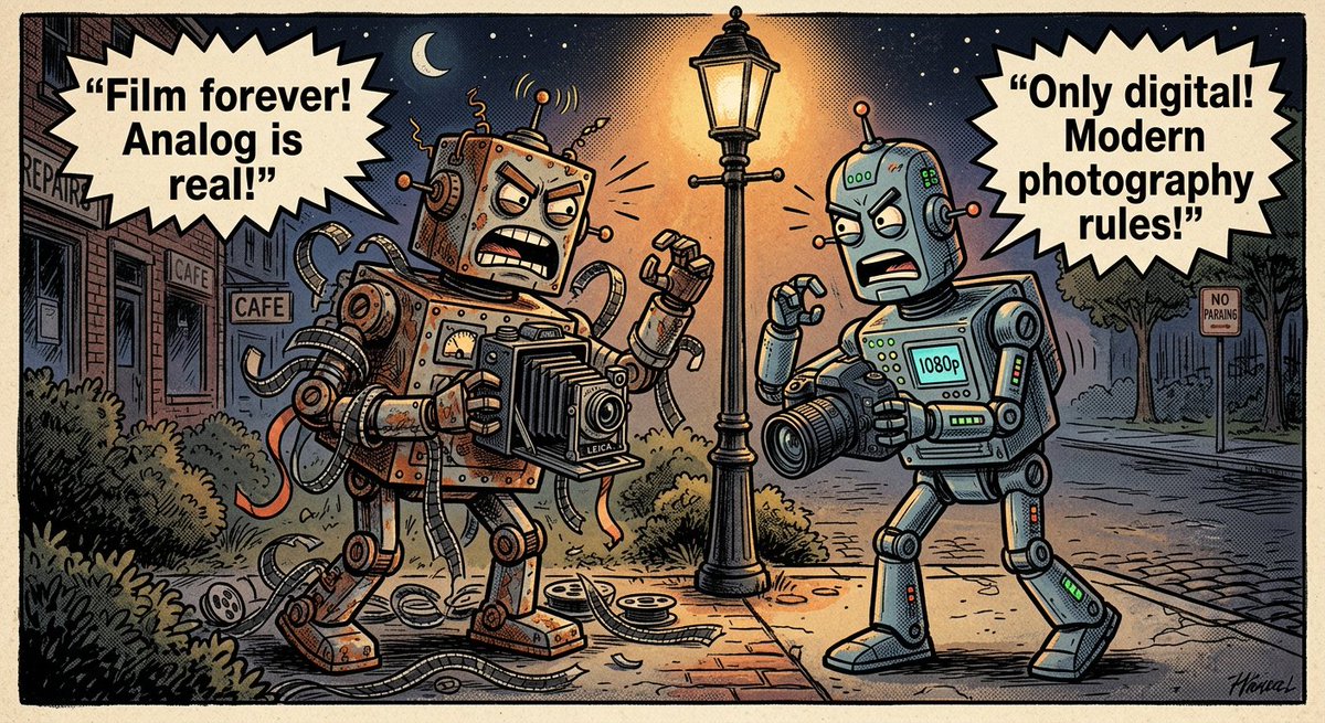 barhatovcom's tweet photo. “Film forever! vs. Only digital!"

#aiart #promptshare #comical #caricature #humor
#digitalillustration #digitalart #generativeart #visualarts https://t.co/5bx8GS6KFT