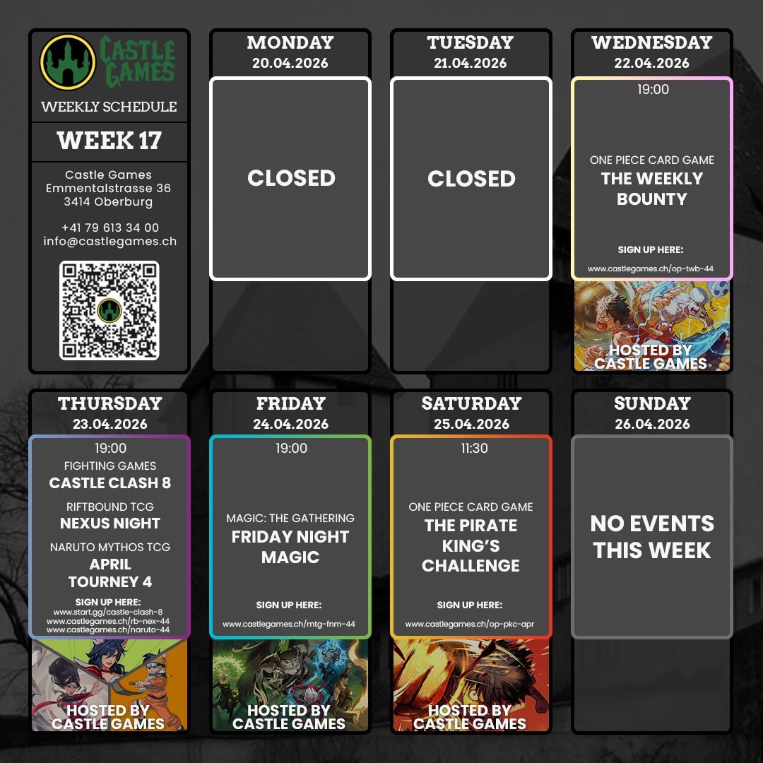 CastleGames_E's tweet photo. @CastleGamesCH presents its schedule for April 2026!

Many opportunities for #TCG players to compete in #OPCG, #MtG, #Riftbound &amp; the recently released #NarutoMythos. #FGC and #PokemonVGC gamers also get their chance to practice and compete😉!

#localgamestore #gaming #cardgames https://t.co/IiRwSsrQX0