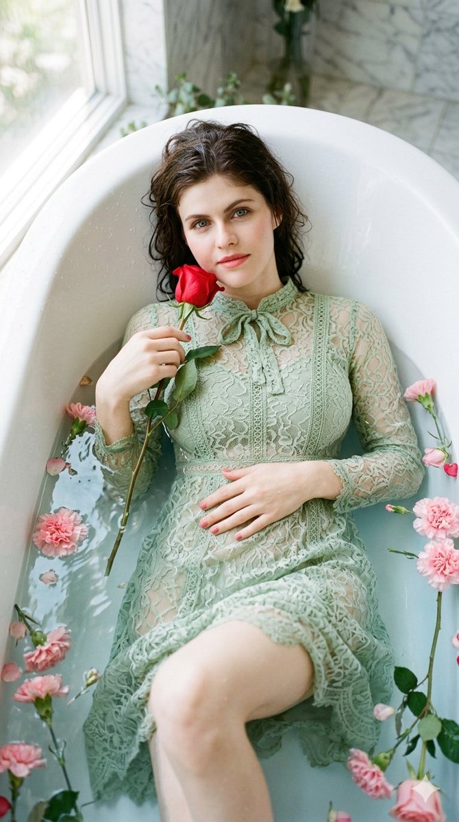 Saturday is bath day, don't forget! 
🛁🌹

Nano Banana 2 🍌 

🤍 Sydney Sweeney 
🩷 Madelyn Cline 
🩵 Millie Bobby Brown 
💚 Alexandra Daddario 

Prompt 👇

"A photorealistic, highly detailed 8K cinematic portrait of Alexandra Daddario reclining comfortably on her back inside a