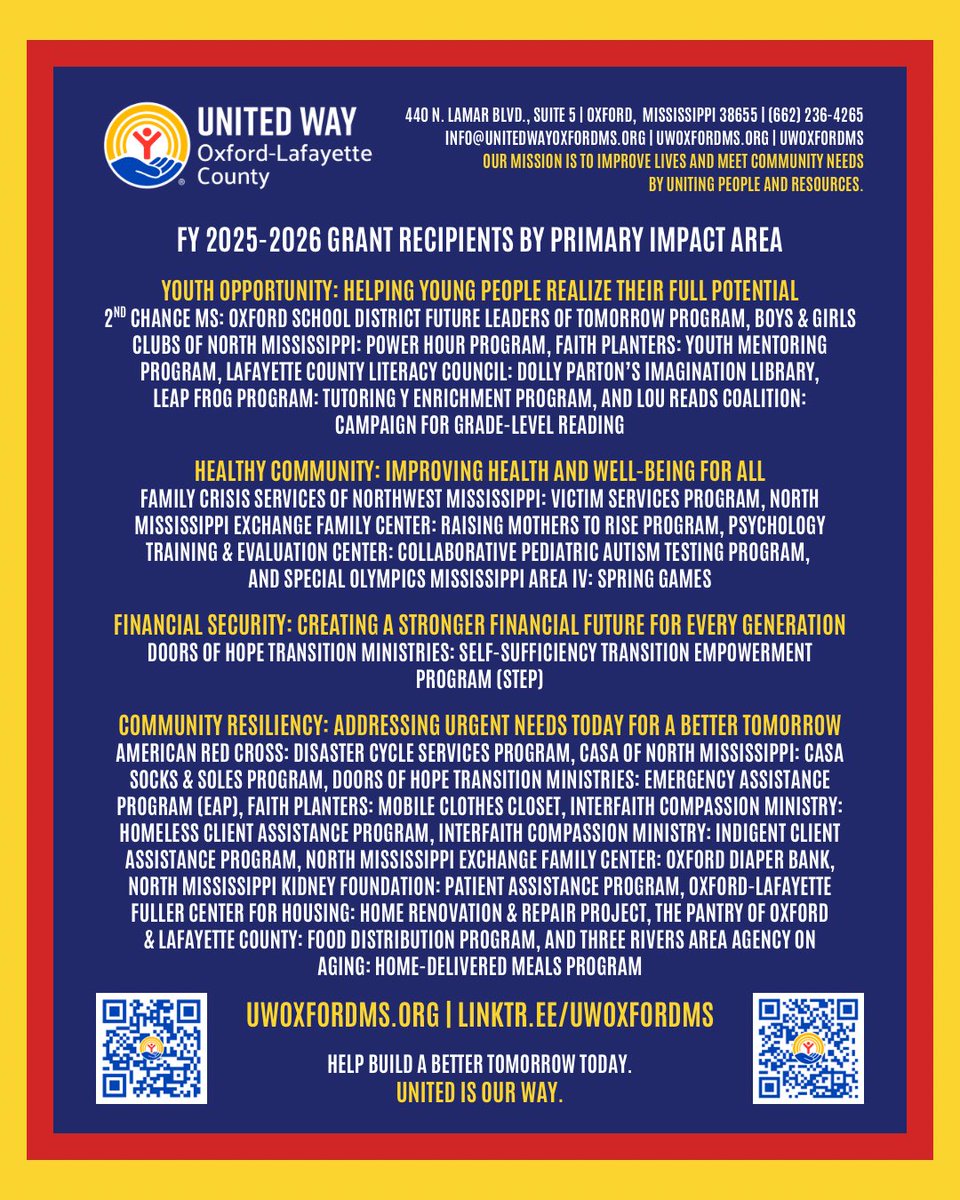 Join with us to help build a better tomorrow today. UNITED IS OUR WAY. 

uwoxfordms.org | linktr.ee/uwoxfordms

#UWOxfordMS #UnitedIsOurWay #BeOurWe #GiveOxford #InvestInLOU