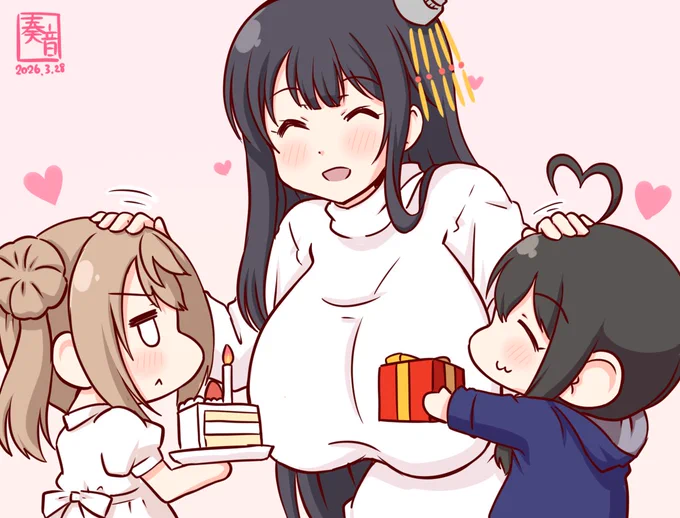「ふそぉ!おたんじょうびおめでと!」 「お、おめでと…///」 「あらあら。しぐれもみちしおもありがとう」 「むふー」 #ママ城とちびしぐ