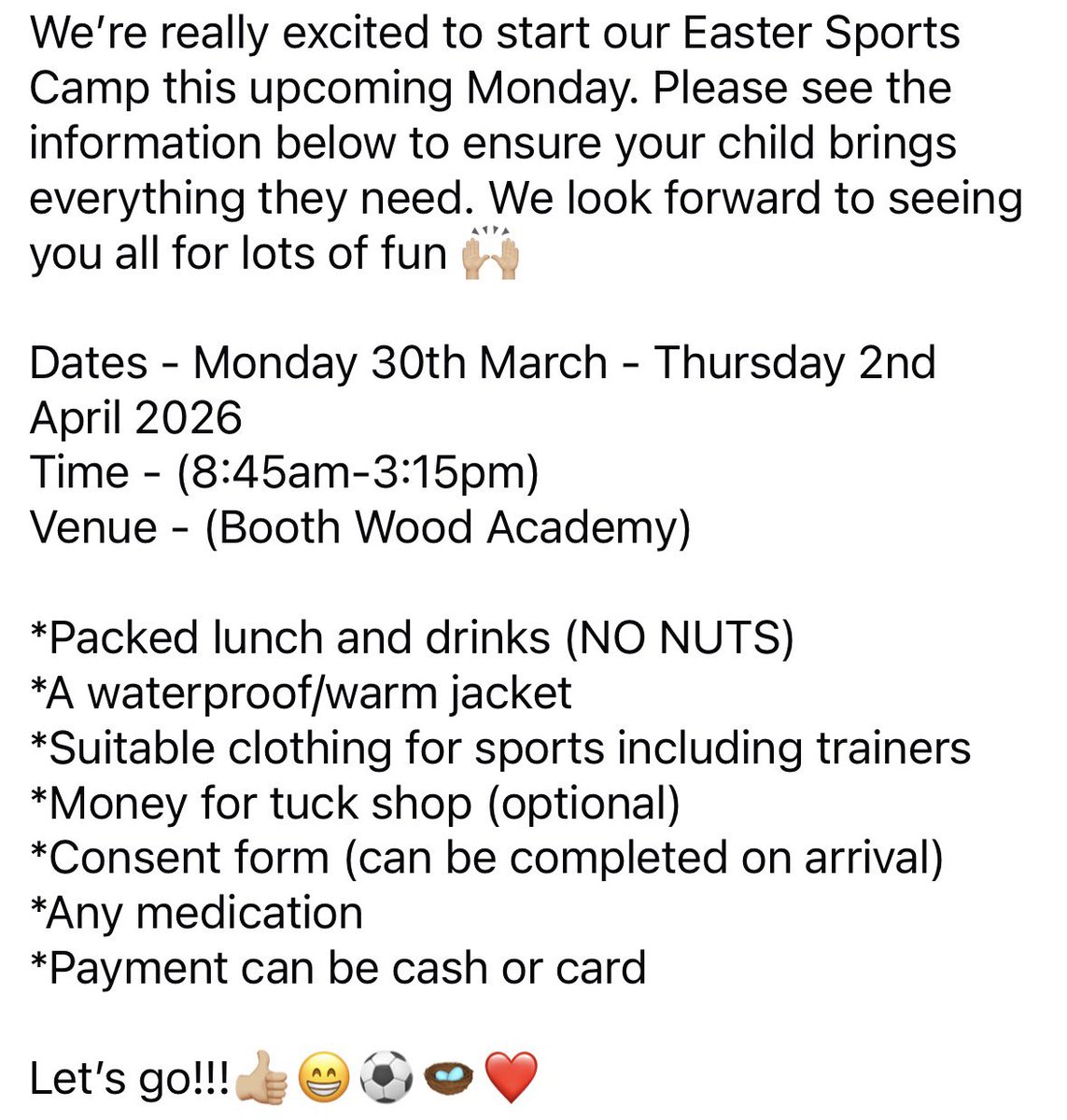 JWSportsAcademy's tweet photo. EASTER SPORTS CAMP 2026 - information 👍🏼😀🪺⚽️❤️ https://t.co/aCJFysdD4o