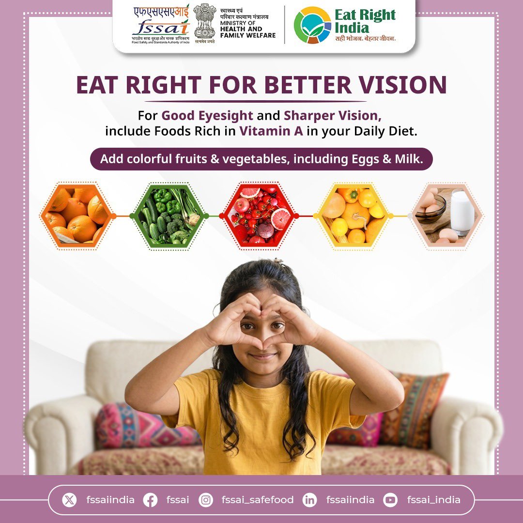 fssaiindia's tweet image. Colorful foods for bright vision! Include Vitamin A-rich fruits, vegetables, eggs, and milk in your daily meals and give your eyes the care they deserve. 

Eat  Right for Better Vision.
#FSSAI #EatRightIndia #EatHealthy