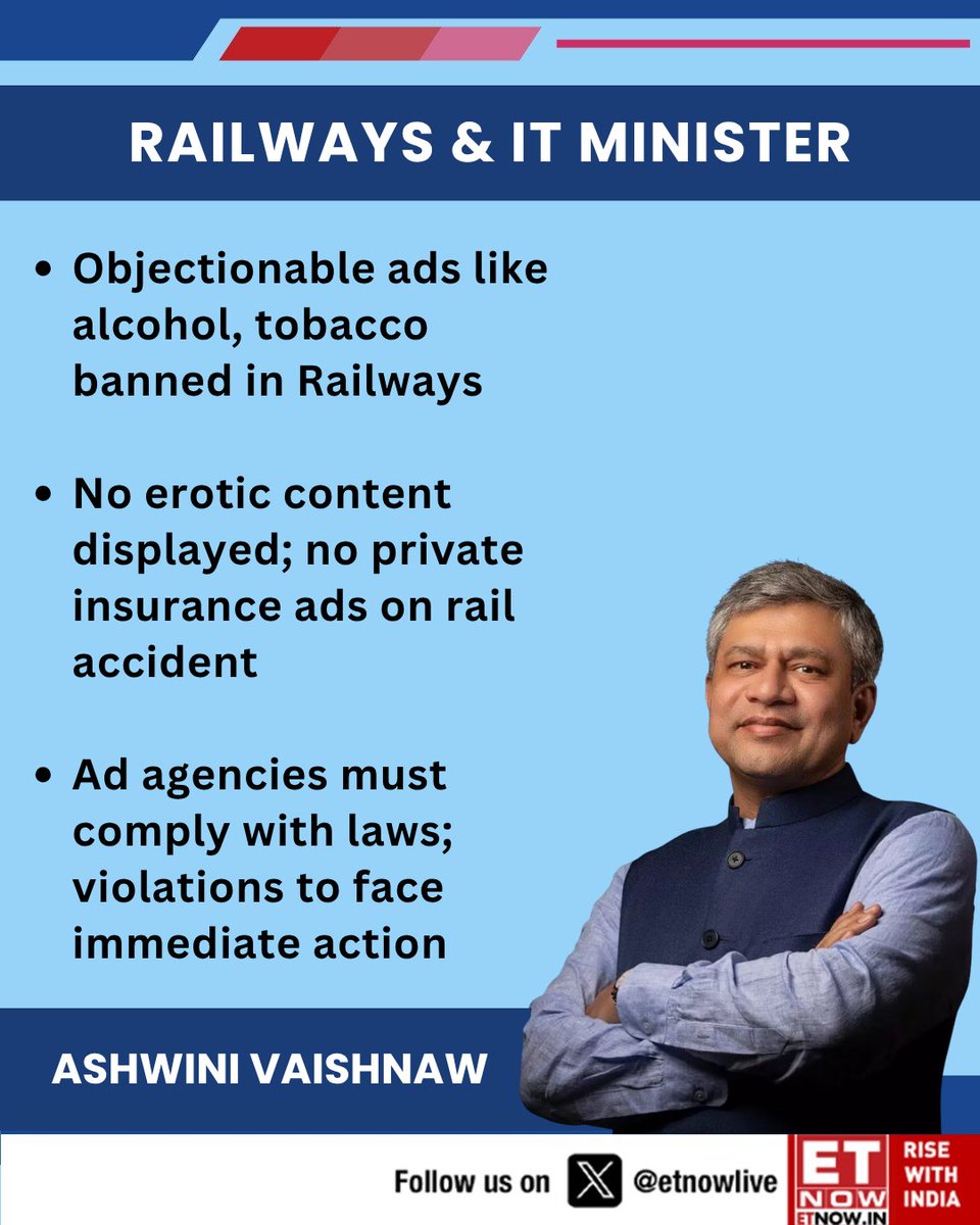 ETNOWlive's tweet image. "Objectionable ads like alcohol, tobacco banned in Railways... No erotic content displayed; no private insurance ads on rail accident," says Railway Minister Ashwini Vaishnaw 

@AshwiniVaishnaw @RailMinIndia #advertisement #ads #Railways
