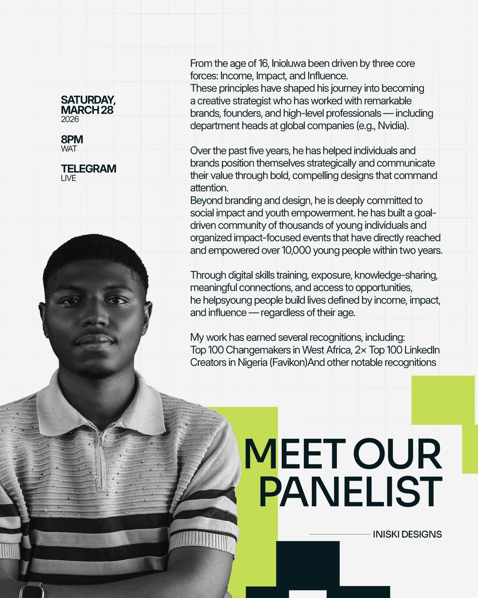 IniskiDesigns's tweet photo. I am a student of University of Ilorin, studying Chemical Engineering, 

but before I entered Uni, one thing I’ve settled within my heart, and made very clear, is that I’ll NEVER pass through Uni as just a “Student”

I don’t want it to be that all there’s to me is just the “Student” tag, and as someone who has been building Influence, earning income, and making impact from age 16/17, even before entering Uni, I knew I was on the right path 

I knew I just had to continue, and I had made up my mind that not even Engineering will make me abandon this path I’ve found myself , no matter how challenging or tough it gets 

I’m still on the Journey, but I’ve grown massively and pulled crazy milestones, whilst still battling with engineering,

When I graduate, my track record will not just be the good grades I graduate with, or the certificate I get from COREN as a certified Chemical engineer… 

Beyond all those amazing feats, I also want to look back and see the lives that completely got transformed because they got in contact with me, because I opened them to certain possibilities… because I gave them Exposure and opportunities…

And if you know me and follow me from atleast 4years ago (outside X), you’ll know that I’m also particularly invested in helping young people  (mostly undergraduates) build a life of Income, Influence & Impact as young as they are.

You can be more than just another Student,

Beyond your Grades, you can build impact whilst on Campus, and I’ll be here tonight to share my Journey, share my experience, and share my Knowledge on how I’ve built and sustained a life of Impact as a student, and how you can too, beyond your Grades

Find the details below 😁

See you there!