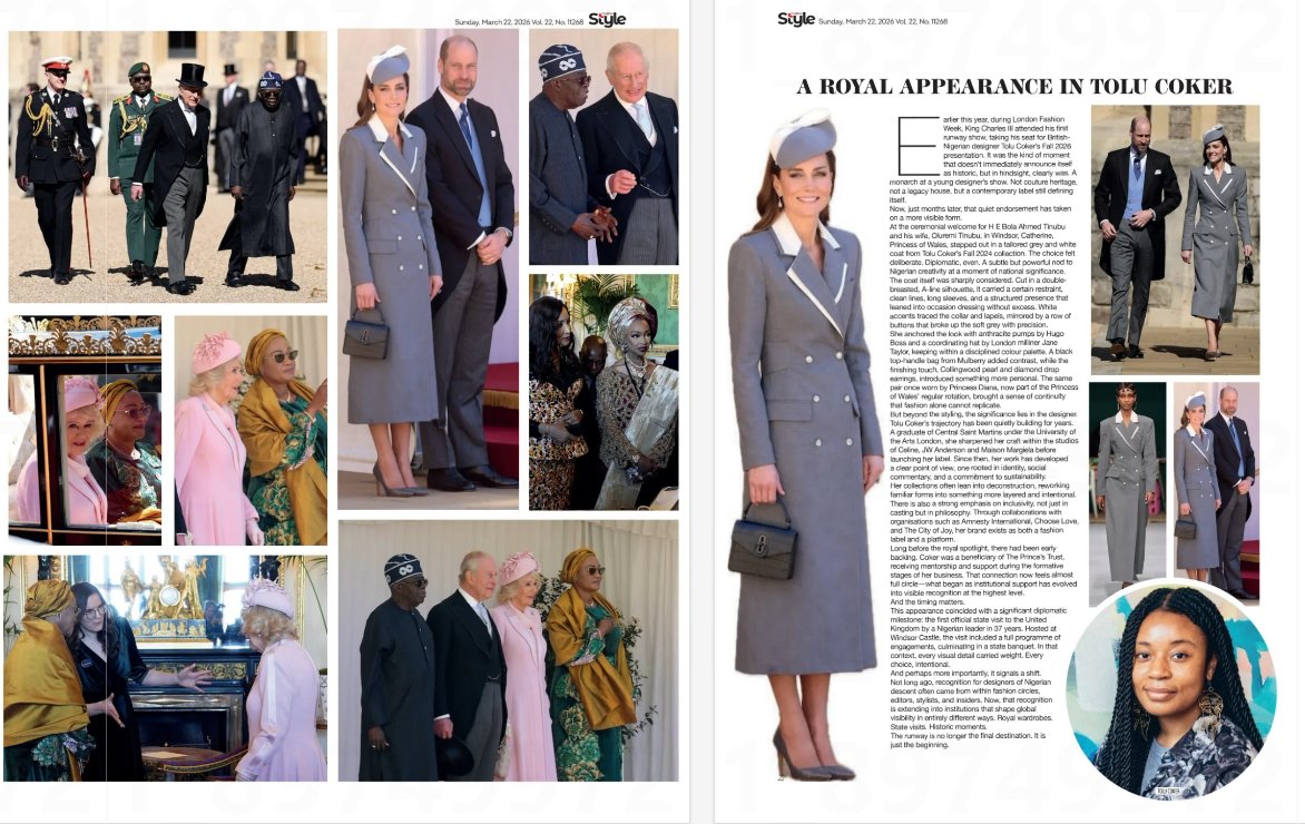 IanLloydRoyal's tweet image. Nigerian magazine This Day Style has 10 page coverage of the state visit of Pres Tinubo hosted by #KingCharles including the outfit deigned for #CatherinePrincessofWales by British-Nigerian designer @ToluCoker   #RoyalFamily
