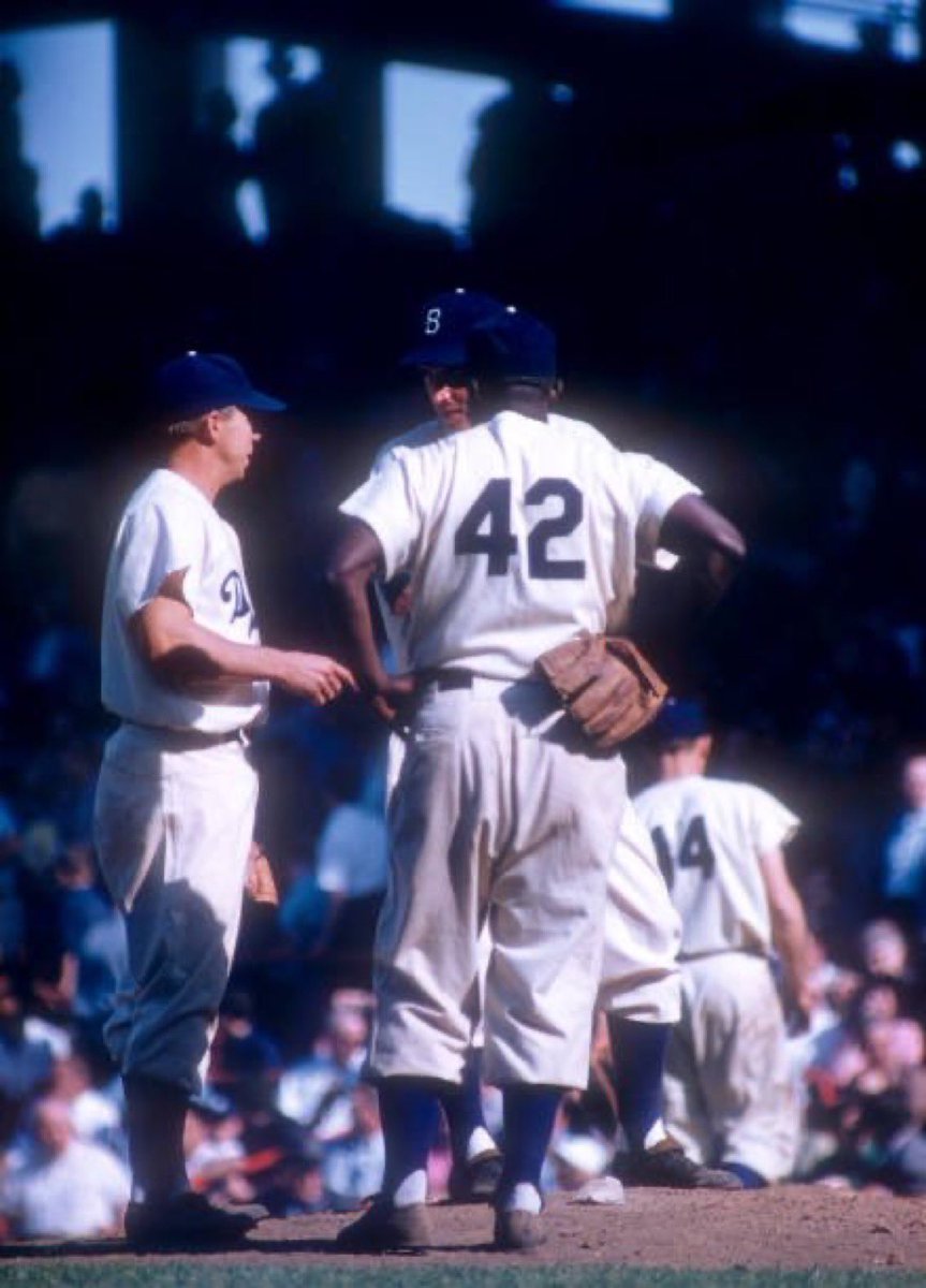 sigg20's tweet image. “Old Days”Dodgers Pee Wee Reese and Jackie Robinson confer with Rookie Pitcher Ed Roebuck during a 1955 game at Ebbets Field.#Brooklyn #Dodgers  #MLB #1950s