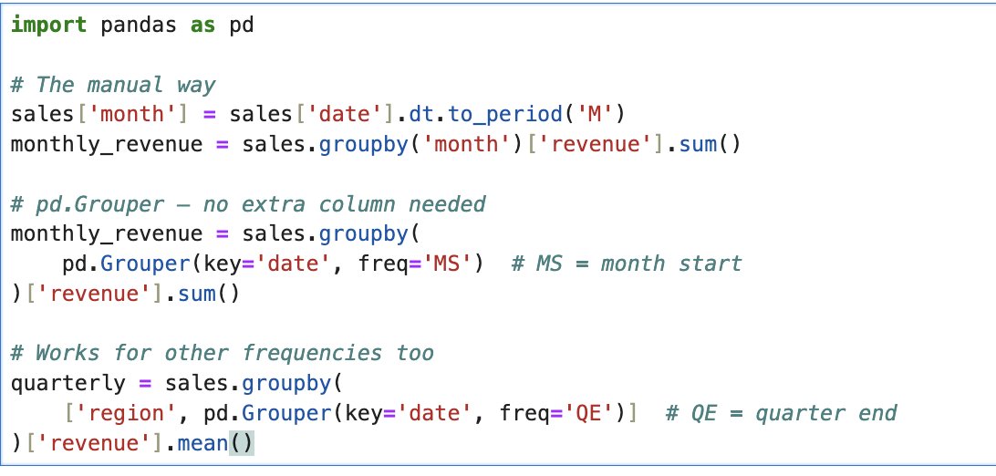 KarinaData's tweet photo. Python tip

You've been creating extra columns just to group by month. 

pd.Grouper does it in one step, inside the groupby.

Same result. No extra column. 

It works for any time frequency -- weekly, quarterly, custom intervals -- without touching your data. https://t.co/HB6oAxpDnO