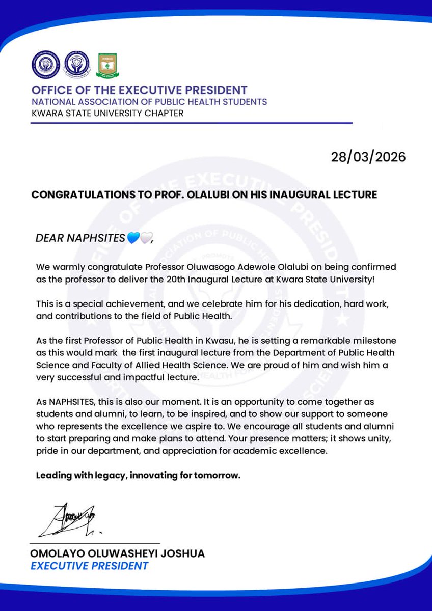 PH_KWASU's tweet photo. Congratulations to our first public health  Professor , Prof. Olalubi who is set to deliver the 20th inaugural lecture at Kwara state university 💙🤍 https://t.co/wChNHwS1pc