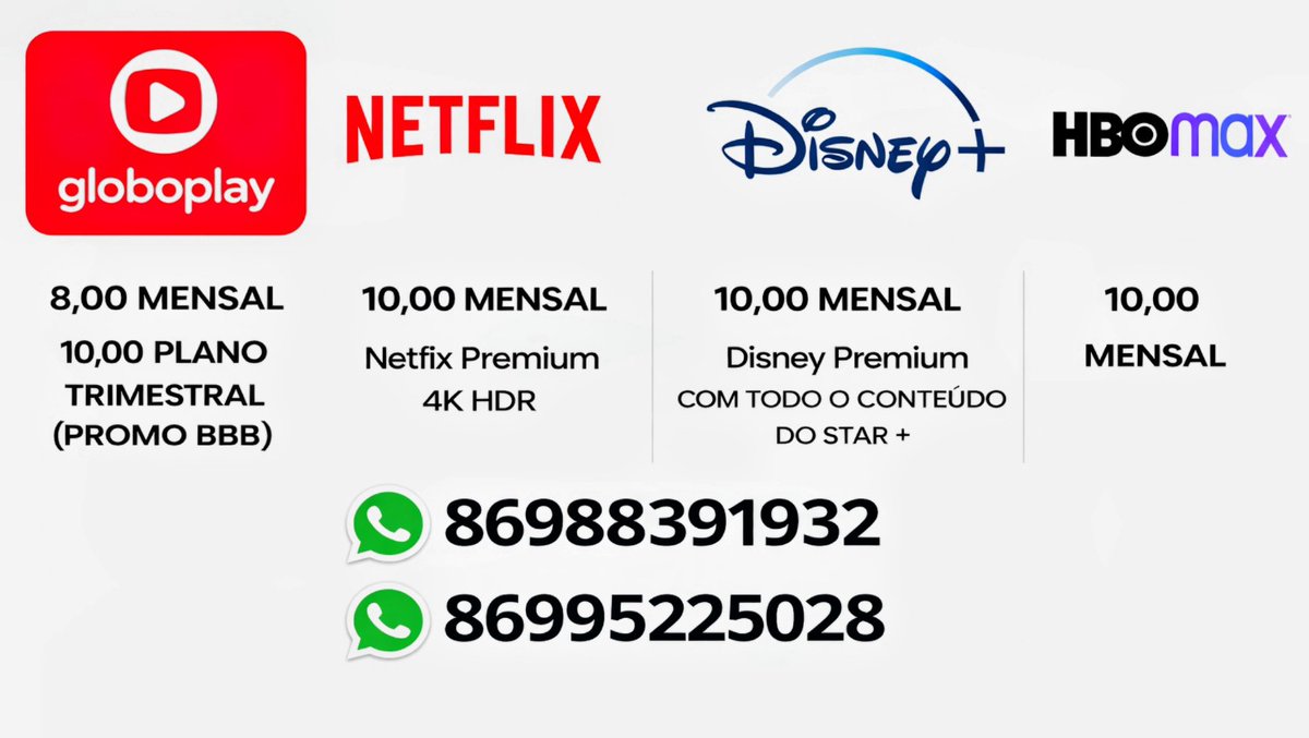 💫Garanta sua tela    

→ Para adquirir uma tela vem DM ou whatsapp (na bio).  

Netflix Prime Video HBO Max Disney+ GloboPlay Premiere Crunchyroll Viki Pass Canva Pro YouTube Music YouTube Premium Deezer Dividir Compartilhada Alugando Alugar Conta

#BBB26 #ForaHumberto