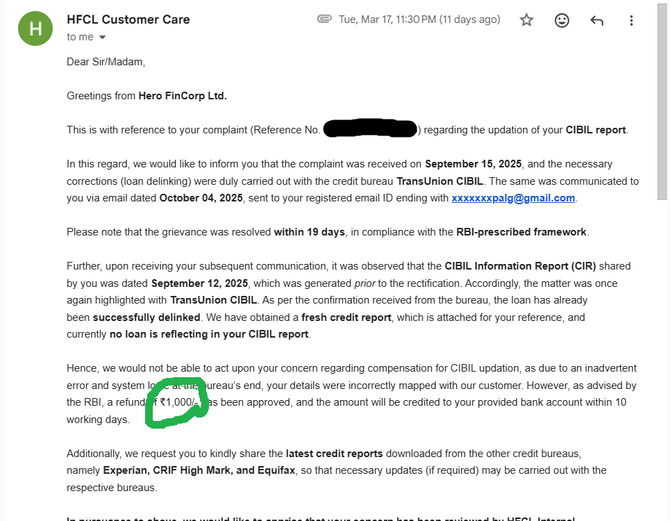 Nitinkumar399's tweet photo. As per email from Hero FinCorp, ₹1,000 compensation was approved for the CIBIL issue.
But the amount actually credited to my account is ₹1.
Email says ₹1,000. Bank transfer says ₹1.

Please clarify @HeroFinCorpLtd .
#CIBIL #CustomerRights https://t.co/WNuH5BJzA8