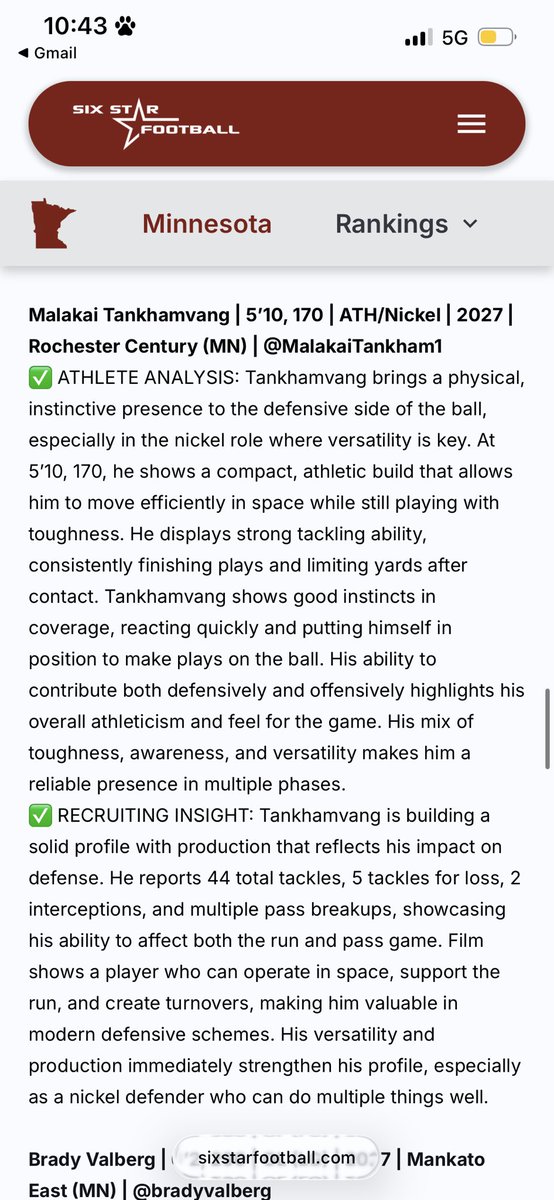 MalakaiTankham1's tweet photo. Thank you so much for the write up and recognition @sixstarfootball!!
@Todd_Taylor28 @coachcjnuss @CoachNixonH @CoachDJBland @OJW_Scouting @PrepRedzoneMN https://t.co/6PqVGVZQVp
