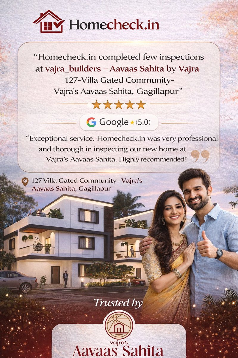 gethomecheck's tweet photo. 🔍 Another Successful Inspection by https://t.co/WR3tFtAjgy
📍 Vajra’s Aavaas Sahita – Gated Community, Gagillapur, Hyderabad. As Hyderabad expands with premium villa communities and high-end gated projects, We ensure construction quality, safety with 5Star Customer Review https://t.co/OP7x7jnA0w
