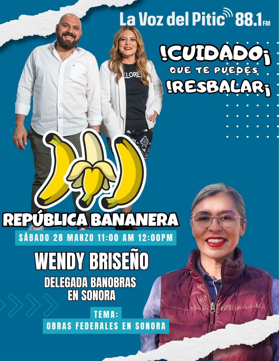 NARANJERO75's tweet photo. 🔴 HOY en La República Bananera a las 11 am en @lavozdelpitic 88.1 FM, YouTube, Facebook y TuneIn.

Entrevista con @wzuloag, Delegada de Banobras en Sonora: Las obras Federales en Sonora, el feminismo en la 4T, sus aspiraciones hacia el 2027 y más. https://t.co/yOEBU8oZ6K
