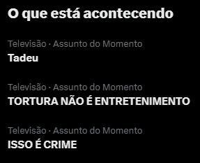 diegoschueng's tweet photo. 👀Os assuntos mais comentados agora após as recentes polêmicas do #BBB26

TORTURA NÃO É ENTRETENIMENTO
ISSO É CRIME
Tadeu https://t.co/myLzjD17pQ