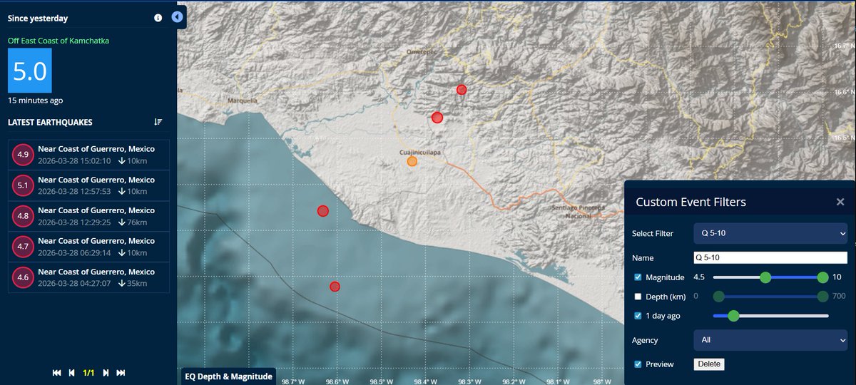 DarMo68's tweet image. Bardzo silna seria od godzin nocnych w #Mexico 
#earthquake na wybrzezu i na ladzie, bardzo blisko miast sila od M 4+ do M 5+ 
15 minut temu M 5.0 #Kamchatka 
Nowy wysoki event co kilkanascie minut, wszystko poprostu zapisuj na dysk #students ✌️ #data