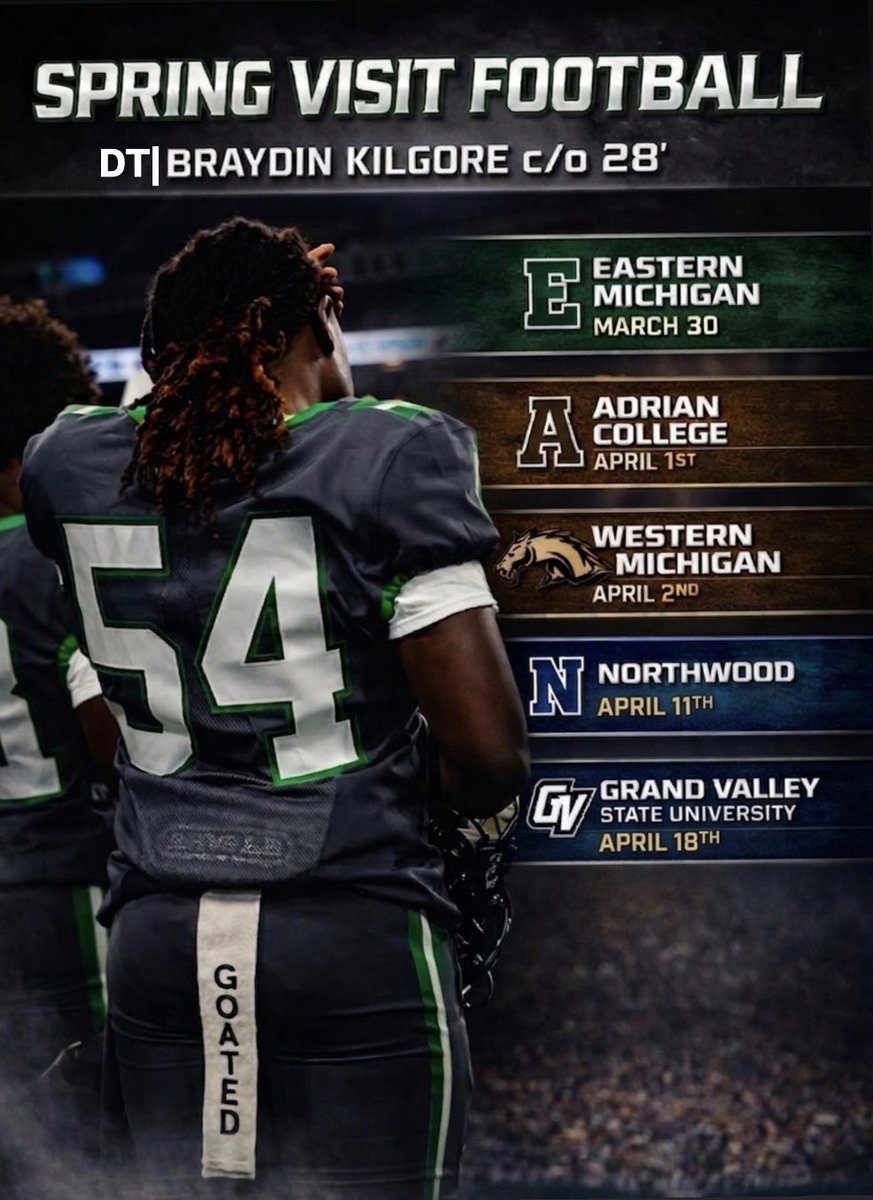 BraydinJ28's tweet photo. Excited to announce these will be the few colleges I will be attending over the next couple weeks excited to build new connections, All glory to God he’s great!!!! @CoachRush_CTFB @CoachRob_CTFB27 @CoachDaws_ @MIexposure @AllenTrieu @TheD_Zone https://t.co/3TF5IIeUZq