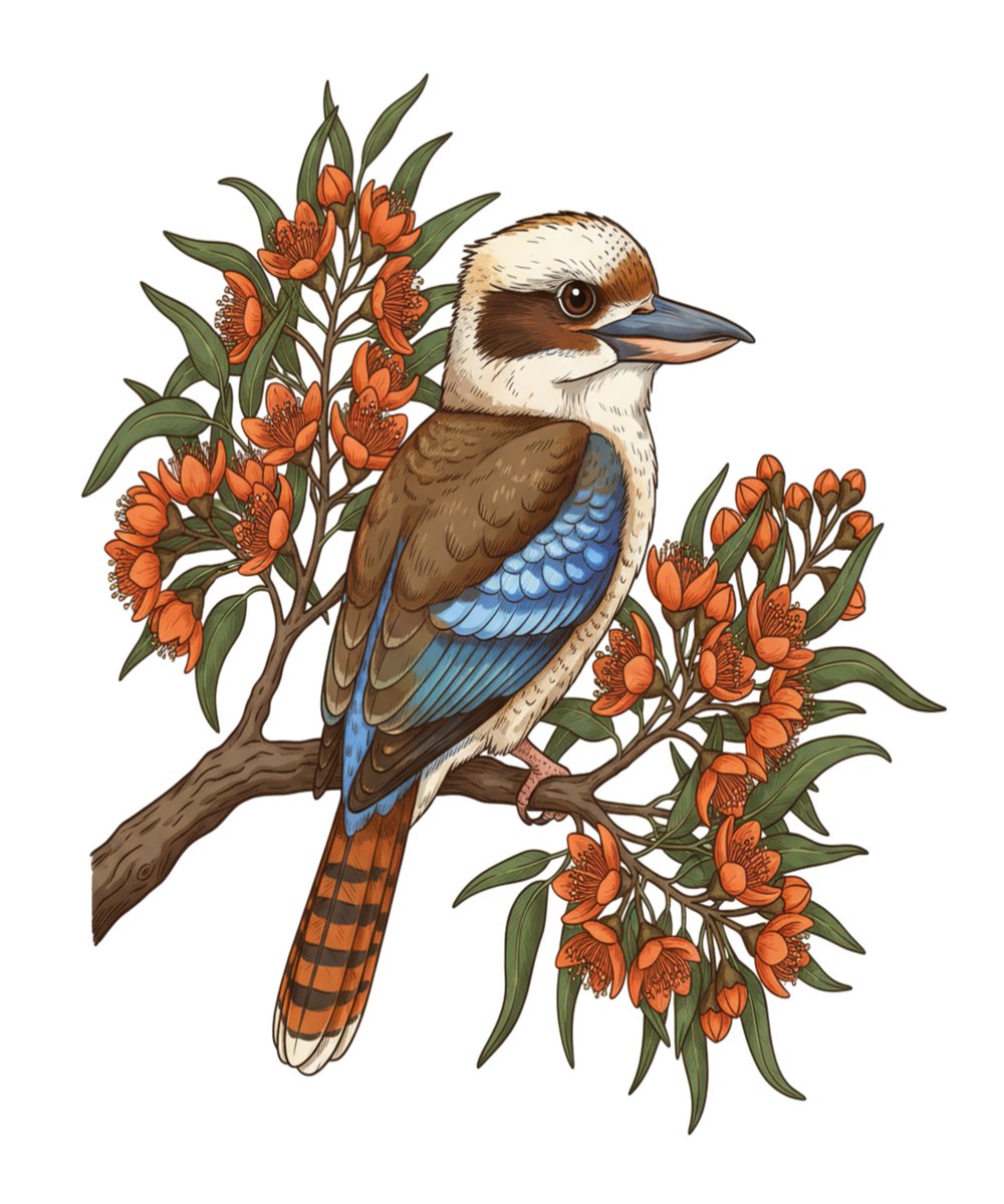 Anjeanette88387's tweet image. A cheerful Laughing Kookaburra featured in a detailed botanical wildlife illustration. This design captures the iconic spirit of the wild. #NatureArt #Kookaburra #Wildlife 
birdsnstuff.shop/products/88963…