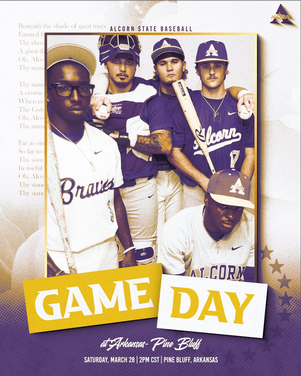 AlcornStateBSB's tweet photo. Game 2 

🆚 | Arkansas Pine Bluff 
📍 | Pine Bluff, AR
🏟️ | Torii Hunter Baseball Complex 
⚾️ | 2PM 
🖥️ | https://t.co/zjlSAXOOLY…

#BRAVEnough | #AlwaysAlcorn https://t.co/YoAHvInmHn