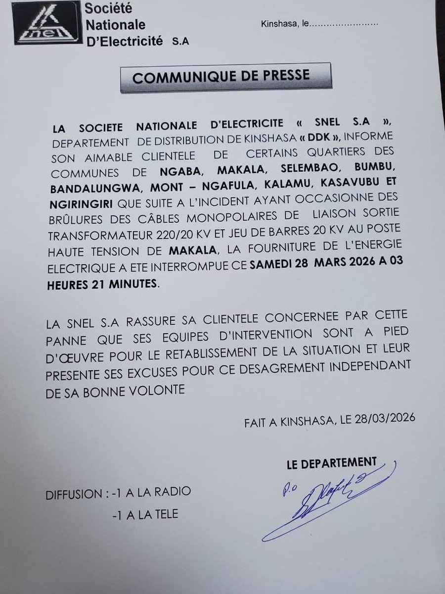 Gabannamwanza's tweet photo. 🛑 COMMUNIQUÉ DE LA SNEL S.A

📌LA SOCIETE NATIONALE D'ÉLECTRICITÉ SNEL S.A, DÉPARTEMENT DE DISTRIBUTION DE KINSHASA DDK, INFORME SON AIMABLE CLIENTELE DE CERTAINS QUARTIERS DES COMMUNES DE LEMBA, MONT - NGAFULA, SELEMBAO, MAKALA, NGABA, NGALIEMA, BANDALUNGWA, NGIRI - NGIRI, https://t.co/cLzshKrz2Z