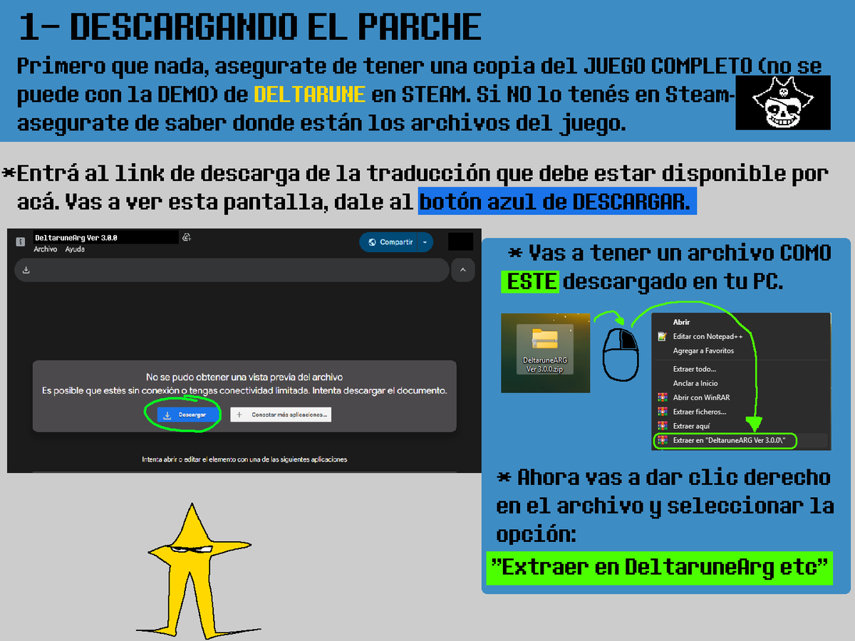 DeltaruneArg's tweet photo. INSTRUCCIONES de descarga del parche, siganlas atentamente wacho. El link de descarga está acá abajo en las respuestas. Con actualizaciones DENTRO del juego para que no tengan que descargar a cada rato. https://t.co/XTKJsICQUy