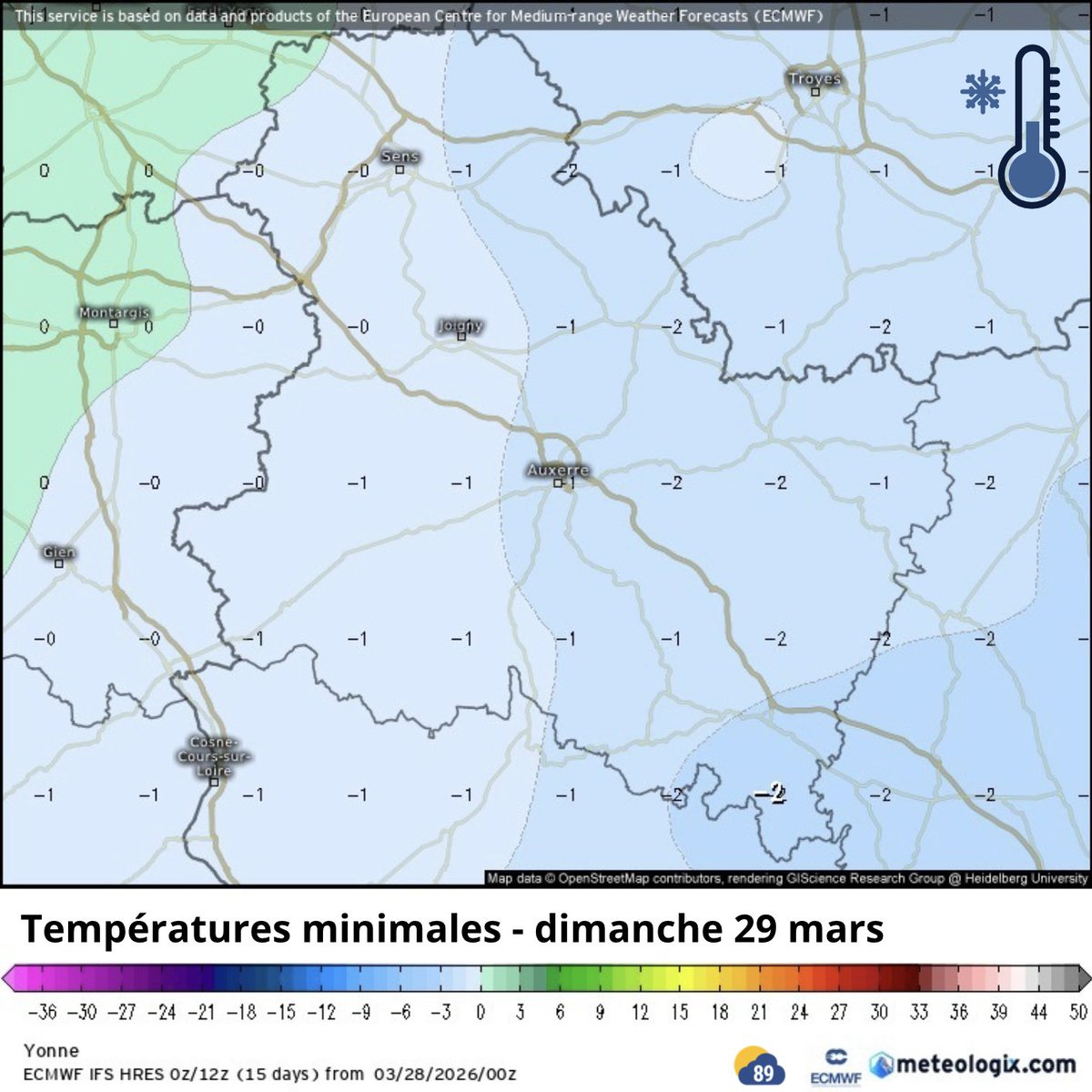 meteo_89's tweet image. 🥶 Retour du #gel la nuit prochaine, à la faveur d'un ciel qui va se dégager au fil des heures. Ces gelées seront moins fortes que vendredi, mais on aura tout de même fréquemment de 0 à -2 °C sous abri dimanche matin.