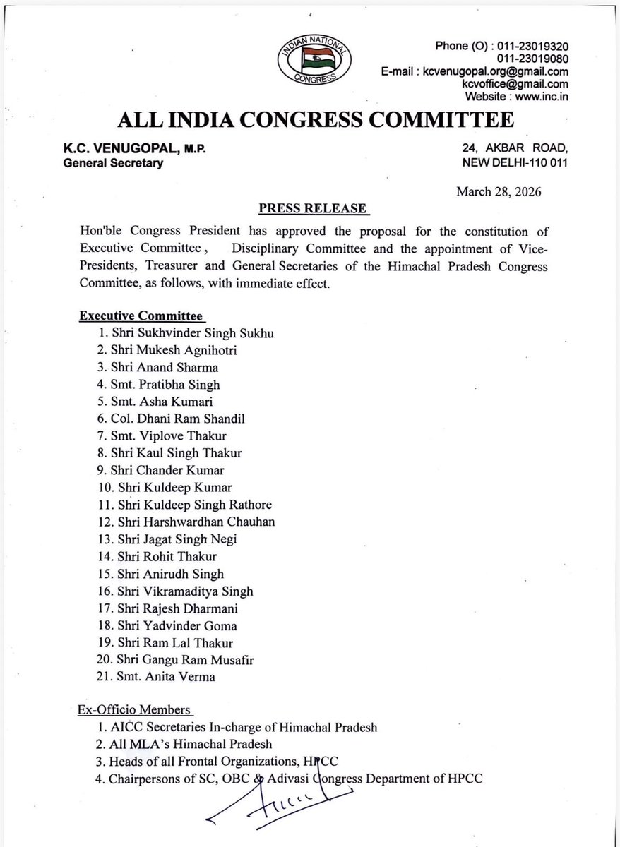 INCIndia's tweet photo. Congress President Shri @kharge has approved the proposal for the constitution of Executive Committee, Disciplinary Committee and the appointment of Vice-Presidents, Treasurer and General Secretaries of the Himachal Pradesh Congress Committee, as follows, with immediate effect. 👇