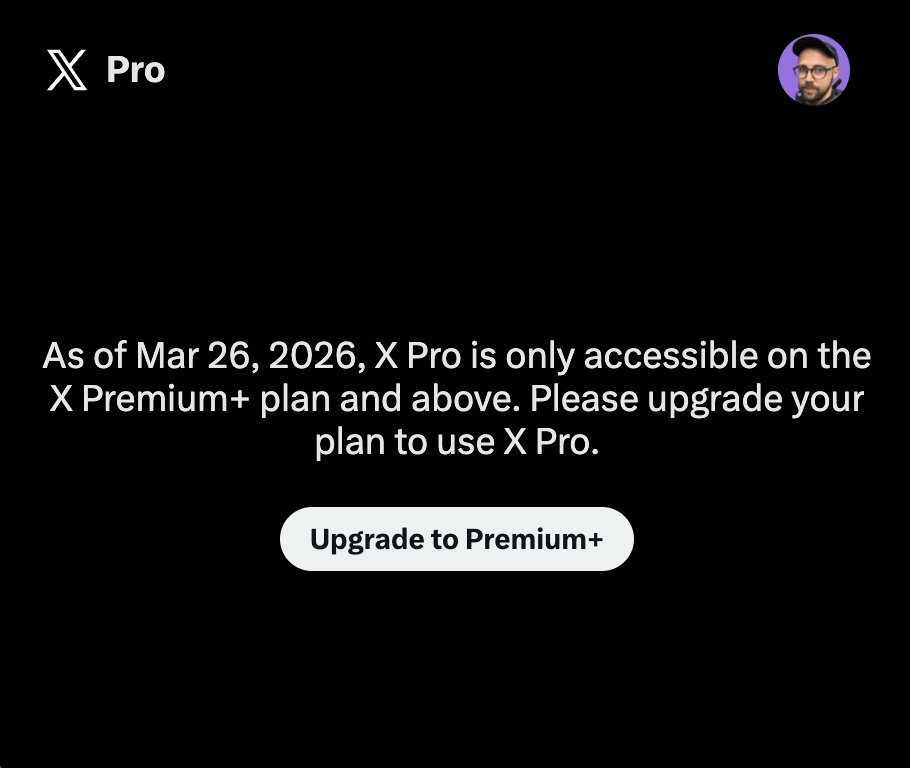 X is going all-in on monetization.

X Pro (the multicolumn app)? Now locked behind Premium+.

API access? Fully pay-per-use. No more free tier.

The free ride is officially over.
