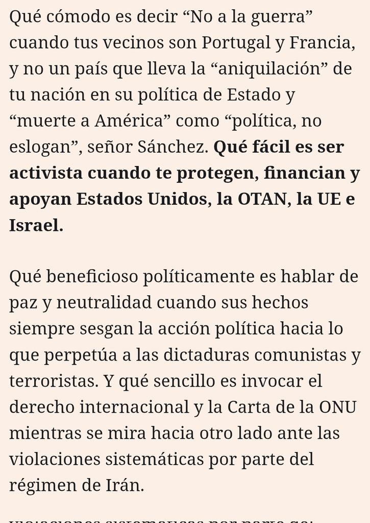 Sánchez no es un ejemplo de pacifismo; es el arquetipo del marketing político. No hay nada más cómodo –y más hipócrita– que la política exterior del sanchismo: constantemente blanda con las dictaduras comunistas y terroristas, y muy “dura” con las democracias.