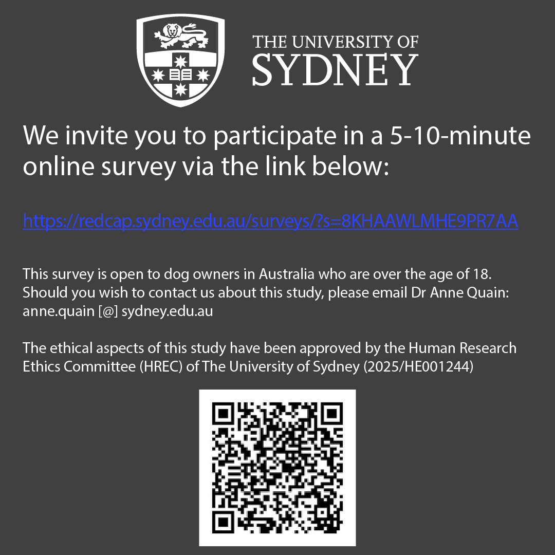 OzDogLover's tweet image. What are Aussie dogs really eating between meals?🦴🇦🇺
Help #SydneyUni researchers investigate canine snacking &amp;amp; scavenging habits! 🐶
If you're a dog owner in Australia, take a 5-10 min survey for a chance to win 1 of 5 $50 vouchers! 🎁
redcap.sydney.edu.au/surveys/?s=8KH…

#VetSci #DogHealth