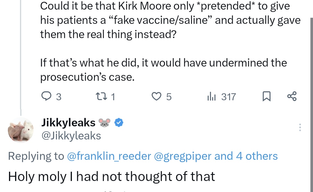 _johnbye's tweet photo. Having been suckered by virus deniers like Michael Yeadon and Thomas Cowan, Kirk Moore doesn't seem to think that viruses cause diseases anymore. Incurring the wrath of fellow anti-vax conspiracy theorists, who now think he's being blackmailed to discredit them. ๐คฆโโ๏ธ https://t.co/GlNGGHv8vQ