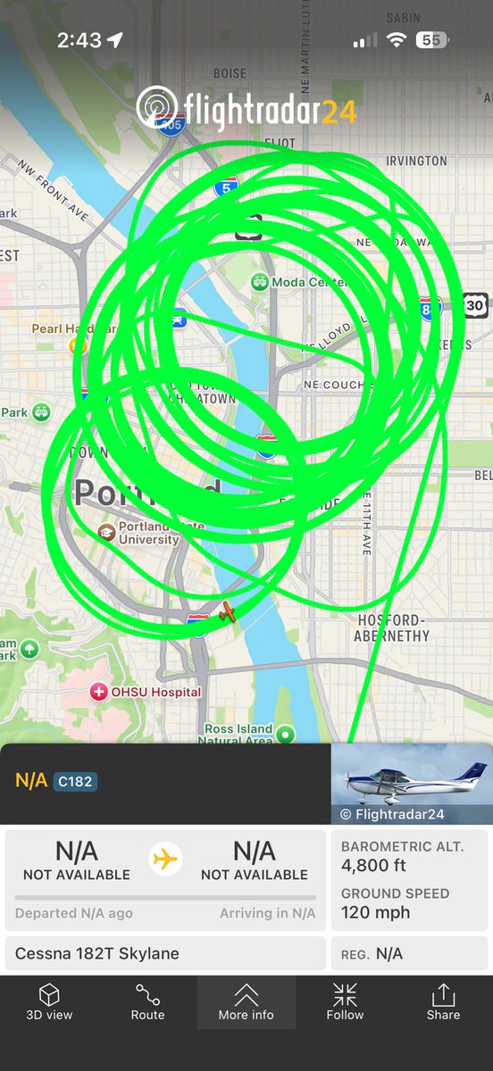 jkhalsey's tweet photo. @MeidasTouch Somebody appears to be keeping a close eye on the protests in downtown Portland OR.  This Cessna has been circling at nearly 5000ft for quite a while today. https://t.co/wemH6Noe18