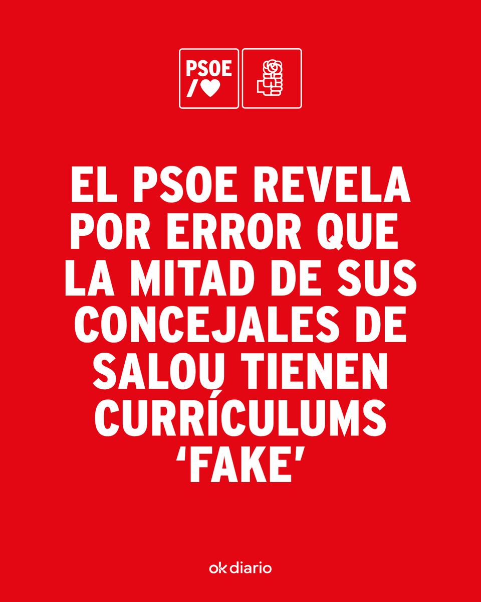 okdiario's tweet photo. 🔴 El PSOE revela por error que la mitad de sus concejales de Salou tienen currículums ‘fake’.

📲 Info completa: https://t.co/Fq4WGtYRuz https://t.co/NMBADRZSpt