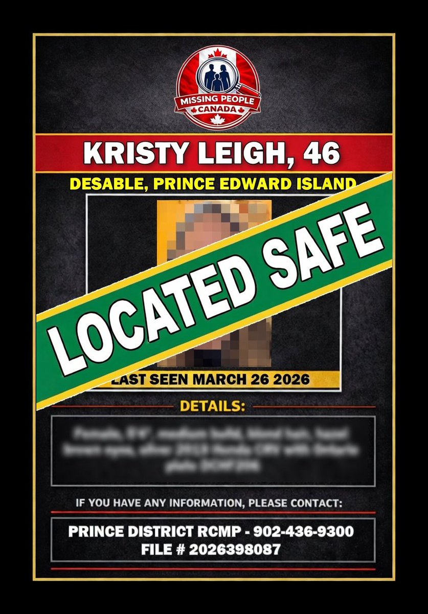 Missing_CA's tweet photo. ✅ LOCATED – KRISTY, 46
Kristy, 46, who was reported missing in Desable, PEI, has been located safe.
Thank you to the community for your support.
#Located #Desable #PrinceEdwardIsland #MissingPersonLocated #CommunityUpdate #MissingPeopleCanada https://t.co/4C026KcAiA