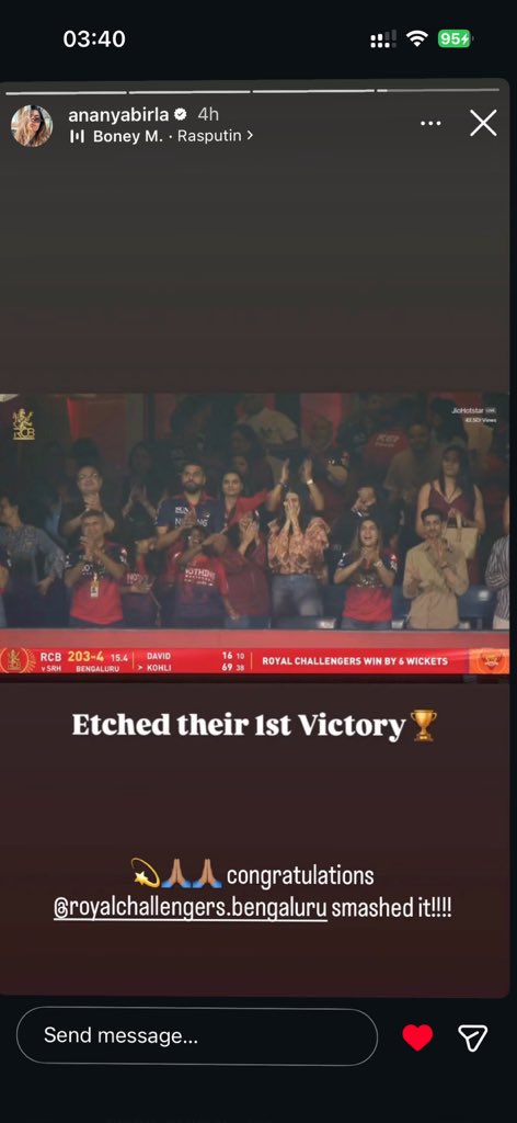 What a start to IPL 2026! 🔥  
RCB chased 202 in 15.4 overs, beat SRH by 6 wkts!  
 
Huge congrats to <a href="/ananya_birla/">Ananya Birla</a> for this lovely victory post 🥰  
She's always classy, supportive &amp; brings positive vibes to RCB fam 😻  
1st win etched 🏆  
#RCB #IPL2026 #Kohli
