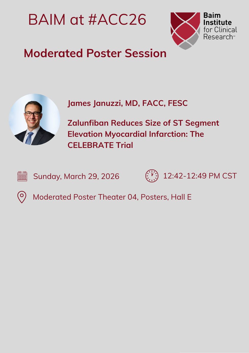 CMichaelGibson's tweet image. Don't forget! Join us at the moderated poster session today at #ACC26 with Baim CSO, Dr. James Januzzi. 

#BaimInstitute #ClinicalResearch #Cardiology