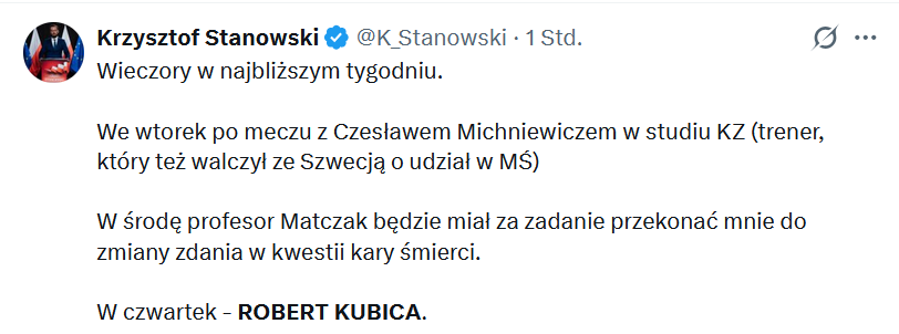 Robert Kubica będzie w czwartek gościem <a href="/K_Stanowski/">Krzysztof Stanowski</a> 

..dla mnie to potwierdzenie mojego przypuszczenia, dlaczego KS niedawno tak podkreślał, jak b. mu przykro, że swojego czasu jechał po swoim gościu jak po łysej kobyle. Szacunek dla RK, że wybaczył. Ja nie mam tak wielkiego ❤️