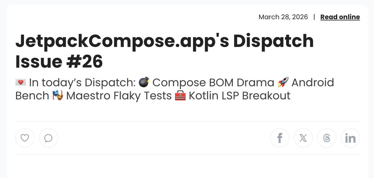 JetpkComposeApp's tweet photo. The latest issue of Dispatch just went out 🚀 

We cover some spicy topics and you don't want to miss the chance to learn a few new things in < 5mins. https://t.co/czM4iMZG53