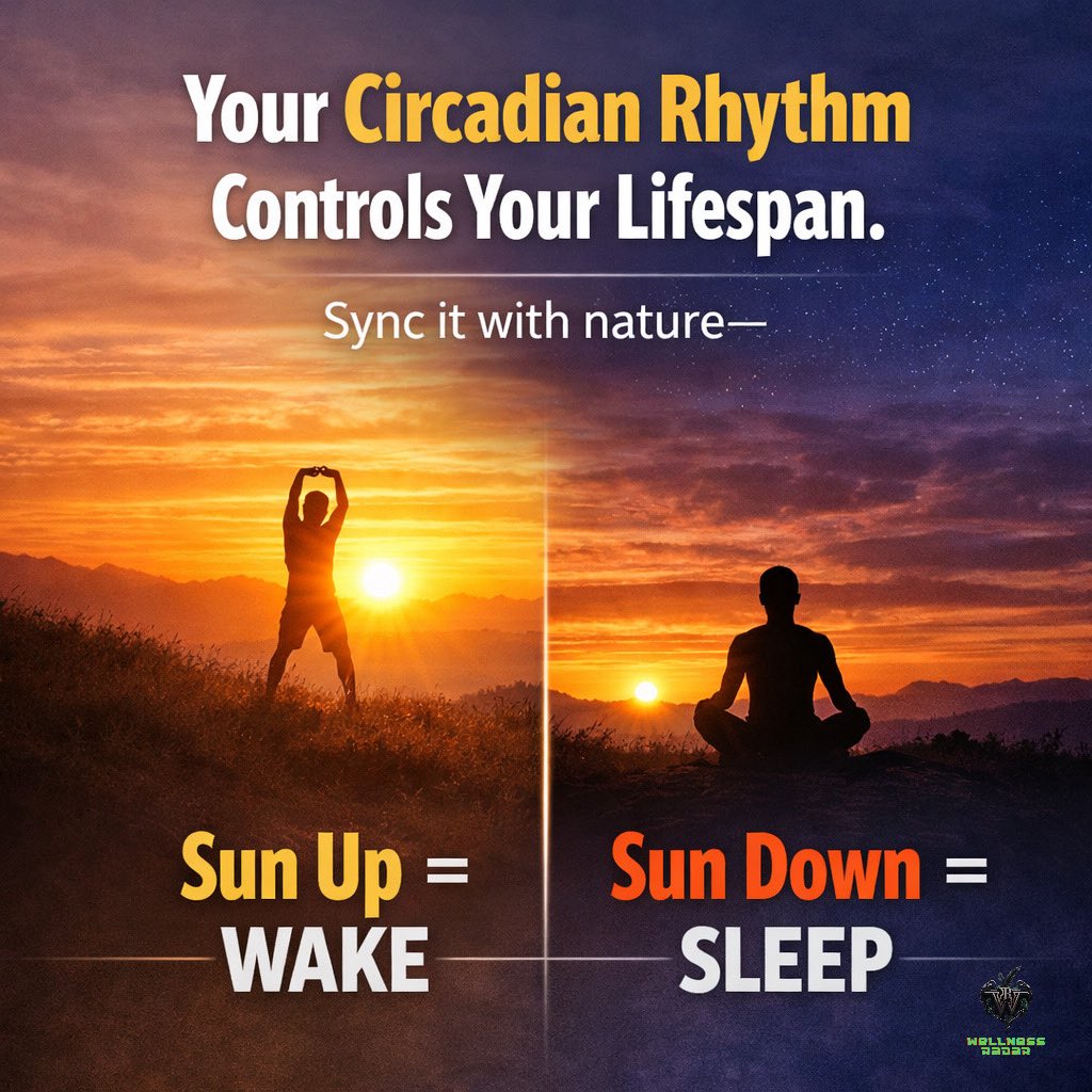 Wellness_Radar's tweet photo. Circadian rhythm is your biological clock.
It controls your hormones, energy, sleep, and how your body repairs itself.

Disrupt it—and you accelerate fatigue, weight gain, and long-term health decline.
Align with natural light—and your body functions the way it was designed to.
Even one night of late light exposure can suppress melatonin and disrupt insulin sensitivity.

#circadianrhythm #longevity #sleephealth #biohacking #hormonehealth