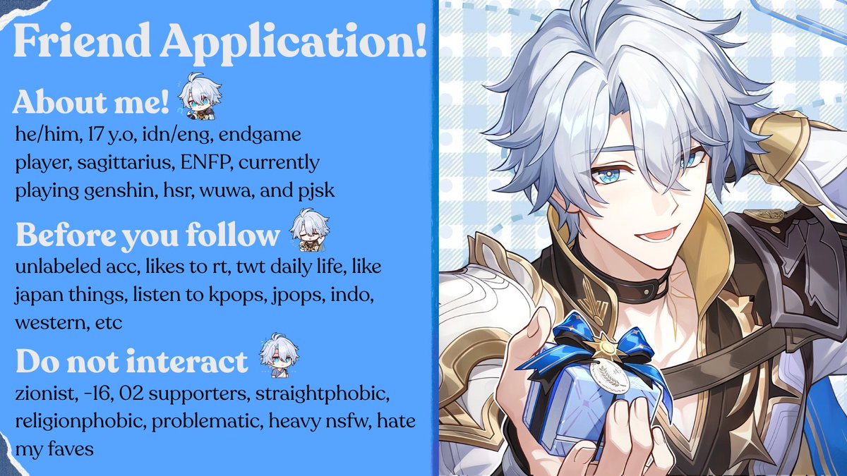 aquaepluvialis's tweet photo. haloo guys! Eriz lagi nyari teman baru nihh, boleh liat fcv ku di bawah ini dan kalo minat langsung leave a trace aja ya di kolom komentar! 🙌  
#hsrtwt #genshintwt #wuwatwt #pjsktwt #anitwt https://t.co/vT6cdWSzRq