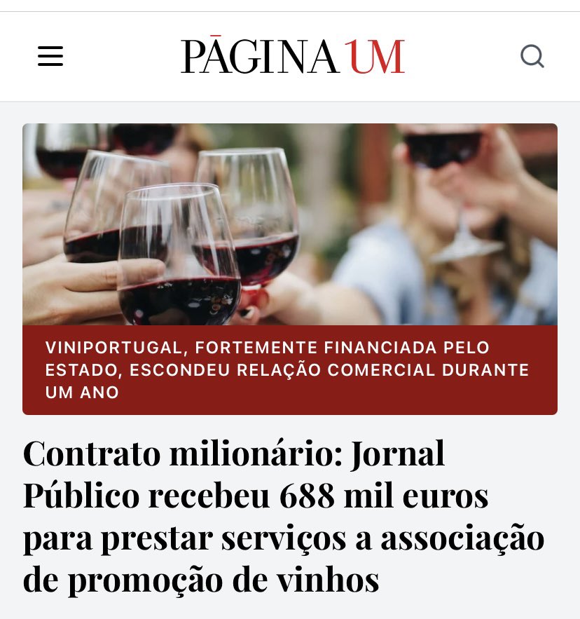 VINIPORTUGAL, FORTEMENTE FINANCIADA PELO ESTADO, ESCONDEU RELAÇÃO COMERCIAL DURANTE UM ANO
Contrato milionário: Jornal Público recebeu 688 mil euros para prestar serviços a associação de promoção de vinhos

paginaum.pt/2026/03/28/con…

O jornal Público apresentou-se como