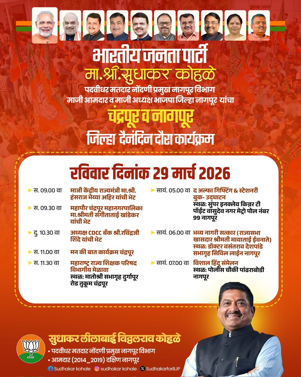 SVKohale's tweet image. भारतीय जनता पार्टी 

मा. श्री.सुधाकर कोहळे पदवीधर मतदार नोंदणी प्रमुख नागपूर विभाग माजी आमदार व माजी अध्यक्ष भाजपा जिल्हा नागपूर यांचा चंद्रपूर व नागपूर जिल्हा दैनंदिन दौरा कार्यक्रम

🗓️२९ मार्च २०२६
📍 चंद्रपूर व नागपूर जिल्हा 

#DailySchedule #NagpurDistrict
