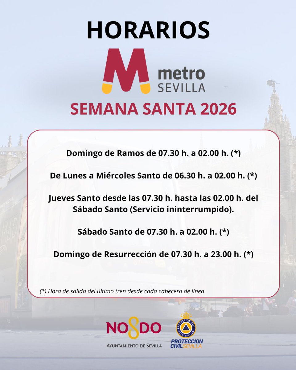 🚇 Horarios especiales del Metro de Sevilla con motivo de la Semana Santa.

⏰ Consulta todos los horarios actualizados en los canales oficiales.

Planifica tu viaje con antelación y sigue siempre las indicaciones de seguridad.

#PCivil #SSantaSevilla26