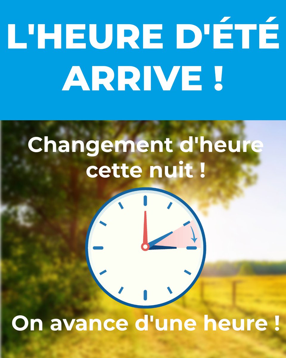 MeteoredFR's tweet photo. ⏰ #Passage à l'#heure d'été cette nuit ! À 2h il sera donc... 3h !
🌞 Les journées vont continuer à se rallonger et la nuit tombera donc plus tard.
#meteo https://t.co/90oEU7Zf5i