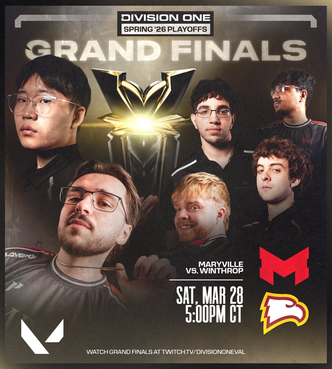 DivOneEsports's tweet photo. It all comes down to this. 🏆

@MaryvilleGG vs. @WinthropEsports
🕔5 PM Central  
#DivOneVAL https://t.co/JXyKGgL4IA