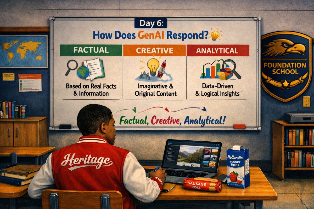 heritage_tech1's tweet image. Day 6: How Does GenAI Respond? 🧠✨ 

Today we explore how GenAI responds: 🔍 Factual | 🎨 Creative | 📊 Analytical From real data to wild ideas to deep insights — it adapts to your intent.

#AI #GenerativeAI #Heritage
#FoundationSchool #Day6