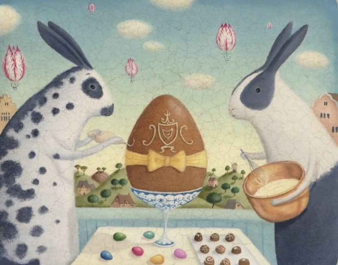 MClaudeHawkes's tweet photo. I love everything about this gentle, naïve paintings for my #EasterSpringArt26, particularly the rabbits producing a chocolate masterpiece, the blue and white cup and the tulips floating in the spring sky.
Alison Jay, contemporary 🇬🇧artist
The Chocolatiers https://t.co/nXMzrIMtj7