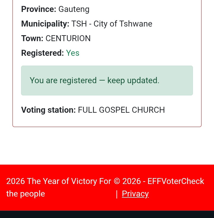 I am an EFF volunteer. 

#RegisterToVoteEFF  In The 2026 Local Government Elections On The Following Link: registertovoteeff.org.za
