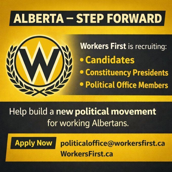 AlbertaWorkers's tweet photo. ALBERTA — STEP FORWARD
Workers First is recruiting:
Candidates
Constituency Presidents
Political Office Members
Help build a new political movement for working Albertans.
Apply Now
politicaloffice@workersfirst.ca 
#pinchercreek #taber #cardston #rockymountainhose #vermillion https://t.co/Pi74Olhfqr